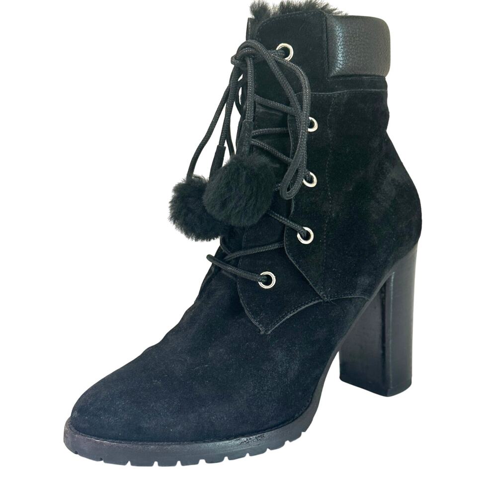 Jimmy Choo Elba 95 Black Suede Fur Pom Pom Lace-Up Boots Size IT‎ 37 US 7